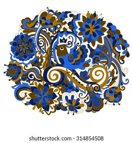  Vector doodle pattern with funny bird and psychedelic colorful flowers and leafs. Can be used for cards, invitations, fabrics, wallpapers, ornamental template for design and decoration.