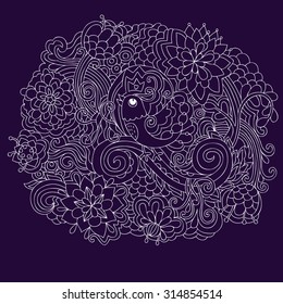  Vector doodle pattern with funny bird, flowers and leafs. Can be used for cards, invitations, fabrics, wallpapers, ornamental template for design and decoration.