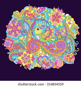  Vector doodle pattern with funny bird, flowers and leafs. Can be used for cards, invitations, fabrics, wallpapers, ornamental template for design and decoration.