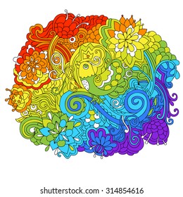  Vector doodle pattern with funny bird and psychedelic colorful flowers and leafs. Can be used for cards, invitations, fabrics, wallpapers, ornamental template for design and decoration.