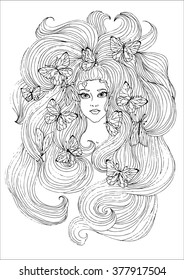 Vector doodle pattern with girl, his long hair and butterfly. Drawing for the design of invitation, flyers, tattoos, antistress pictures for coloring, posters