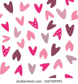 A vector doodle pattern with hearts for print. Pink hearts are randomly repeated on a white background for Valentine's day, wedding, romantic date, anniversary. A concept of love and relationships