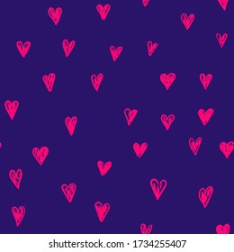 Vector doodle pattern with heats, made of brush stroke. Bright purple and pink seamless background.