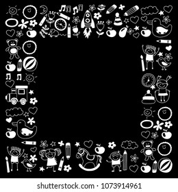 Vector doodle pattern with kindergarten children. Play, study and grow together. Boys and girls. Preschool education. Nursery. School. Toys and clothing. Kids drawing style image