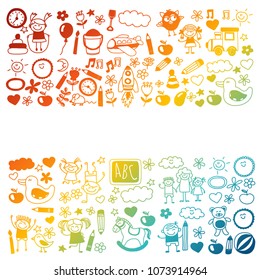 Vector doodle pattern with kindergarten children. Play, study and grow together. Boys and girls. Preschool education. Nursery. School. Toys and clothing. Kids drawing style image