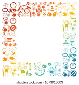 Vector doodle pattern with kindergarten children. Play, study and grow together. Boys and girls. Preschool education. Nursery. School. Toys and clothing. Kids drawing style image
