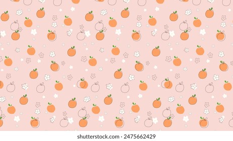 Vector doodle pattern of peachs, line peachs and white flowers. Summer print with hand drawn peachs, line peachs and white flowers. Tropical healthy fresh pattern