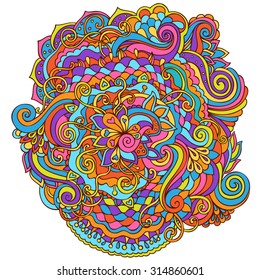  Vector doodle pattern with psychedelic colorful flowers and leafs. Can be used for cards, invitations, fabrics, wallpapers, ornamental template for design and decoration.