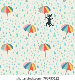 Vector doodle pattern with rain drop, flying umbrellas and mischievous black cat. Beautiful abstract pattern, season illustration. Seamless fabric background.