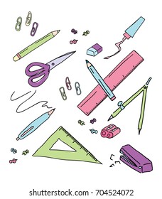 vector doodle pattern of school equipment. stationery illustration