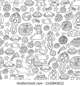 Vector doodle pattern with space icons. Children, kindergarten illustration. Kids drawing style