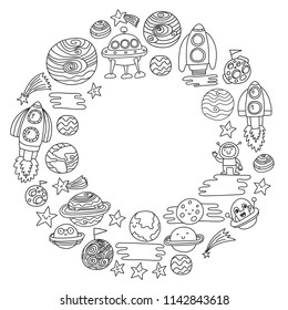 Vector doodle pattern with space icons. Children, kindergarten illustration. Kids drawing style