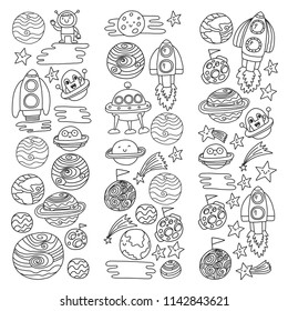 Vector doodle pattern with space icons. Children, kindergarten illustration. Kids drawing style