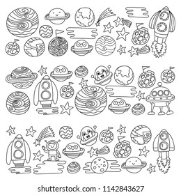 Vector doodle pattern with space icons. Children, kindergarten illustration. Kids drawing style