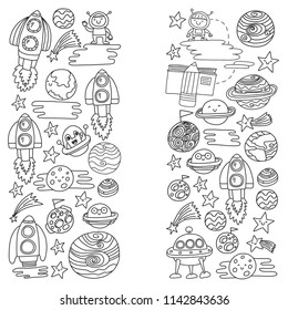 Vector doodle pattern with space icons. Children, kindergarten illustration. Kids drawing style