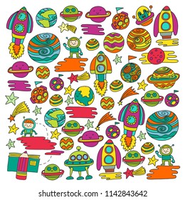 Vector doodle pattern with space icons. Children, kindergarten illustration. Kids drawing style