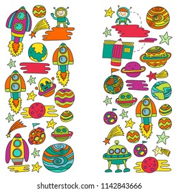 Vector doodle pattern with space icons. Children, kindergarten illustration. Kids drawing style