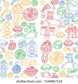 Vector doodle pattern with space icons. Children, kindergarten illustration. Kids drawing style image