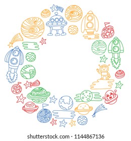 Vector doodle pattern with space icons. Children, kindergarten illustration. Kids drawing style image