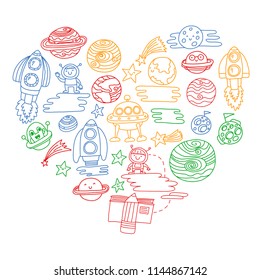 Vector doodle pattern with space icons. Children, kindergarten illustration. Kids drawing style image