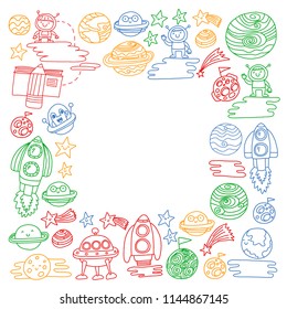 Vector doodle pattern with space icons. Children, kindergarten illustration. Kids drawing style image