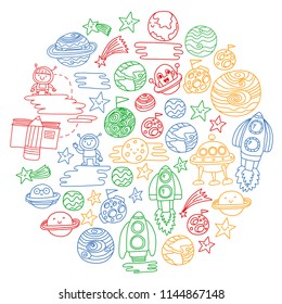 Vector doodle pattern with space icons. Children, kindergarten illustration. Kids drawing style image