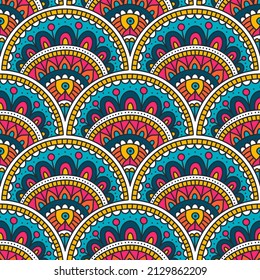 Vector doodle pattern with tribal ornament. Hand drawn ethnic background. Medetation and relaxation seamless pattern. Yellow, pink, orange, green and white colors.