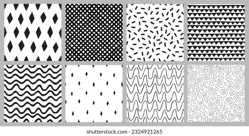 Vector doodle patterns set. Seamless backgrounds created digitally with a tablet. Hand drawn wave, striped, rhombus, labyrinth, spots, tartan patterns
