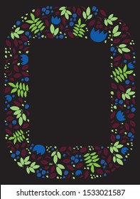 Vector doodle photo frame with leaves and flowers on a black background. The frame can be used for 3x4 or 30X40 photo format.