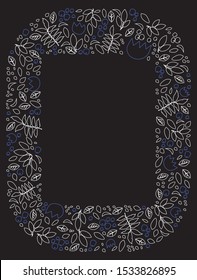 Vector doodle photo frame with leaves and flowers on a black background. The linear frame can be used for 3x4 or 30X40 photo format.