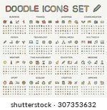 Vector doodle pictogram set: color pen sketch sign illustration on paper. Web, app, mobile, business, finance, technology, time, medical, education, arrow, sport, transport. Hand drawing line icons.