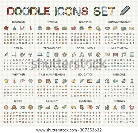 Vector doodle pictogram set: color pen sketch sign illustration on paper. Web, app, mobile, business, finance, technology, time, medical, education, arrow, sport, transport. Hand drawing line icons.