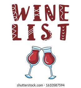 Vector doodle picture with red wine glasses for wine menu. Isolated flat illustration on white background in cartoon style