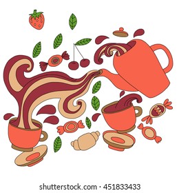 Vector doodle picture of tea, berries and candy
