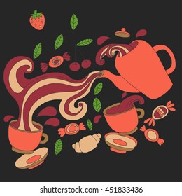 Vector doodle picture of tea, berries and candy
