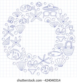 Vector doodle pictures of beach vacation and tropical sea life