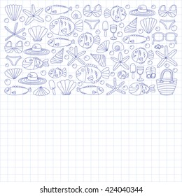 Vector doodle pictures of beach vacation and tropical sea life