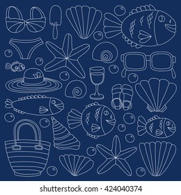 Vector doodle pictures of beach vacation and tropical sea life