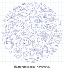 Vector doodle pictures of beach vacation and tropical sea life