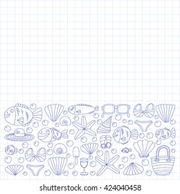 Vector doodle pictures of beach vacation and tropical sea life