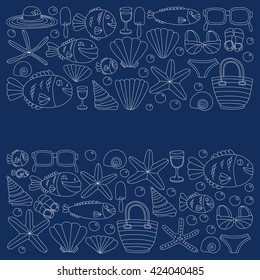 Vector doodle pictures of beach vacation and tropical sea life