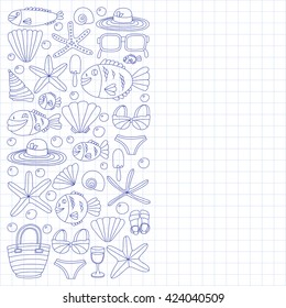 Vector doodle pictures of beach vacation and tropical sea life