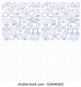 Vector doodle pictures of beach vacation and tropical sea life