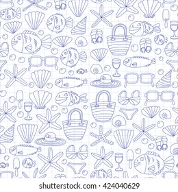 Vector doodle pictures of beach vacation and tropical sea life