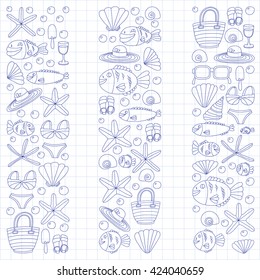 Vector doodle pictures of beach vacation and tropical sea life