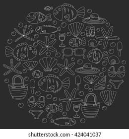 Vector doodle pictures of beach vacation and tropical sea life