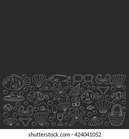 Vector doodle pictures of beach vacation and tropical sea life