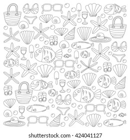 Vector doodle pictures of beach vacation and tropical sea life