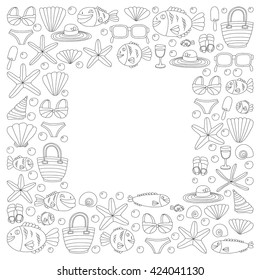 Vector doodle pictures of beach vacation and tropical sea life