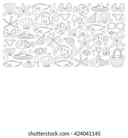 Vector doodle pictures of beach vacation and tropical sea life